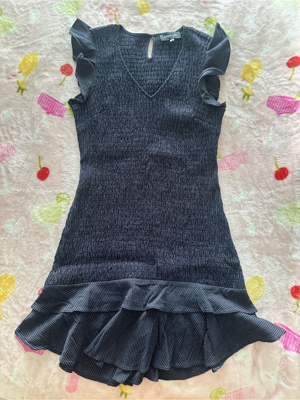 Sugarlips Navy Blue Smocked Dress with Ruffle Hem